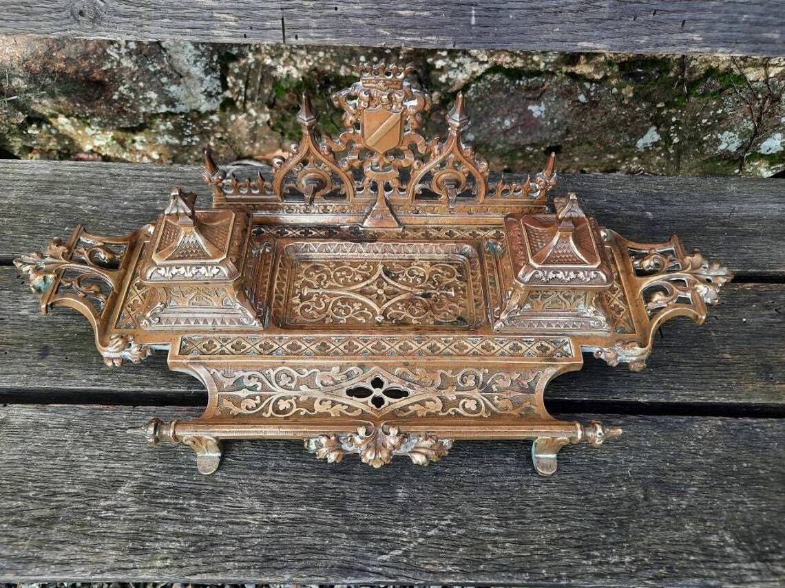 Antique Bronze Double Inkwell: Gothic Chateau Armorial Desktop Set