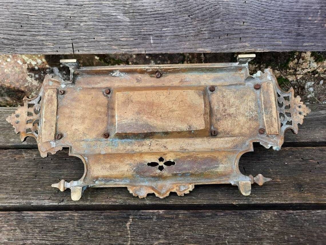 Antique Bronze Double Inkwell: Gothic Chateau Armorial Desktop Set photo vintage