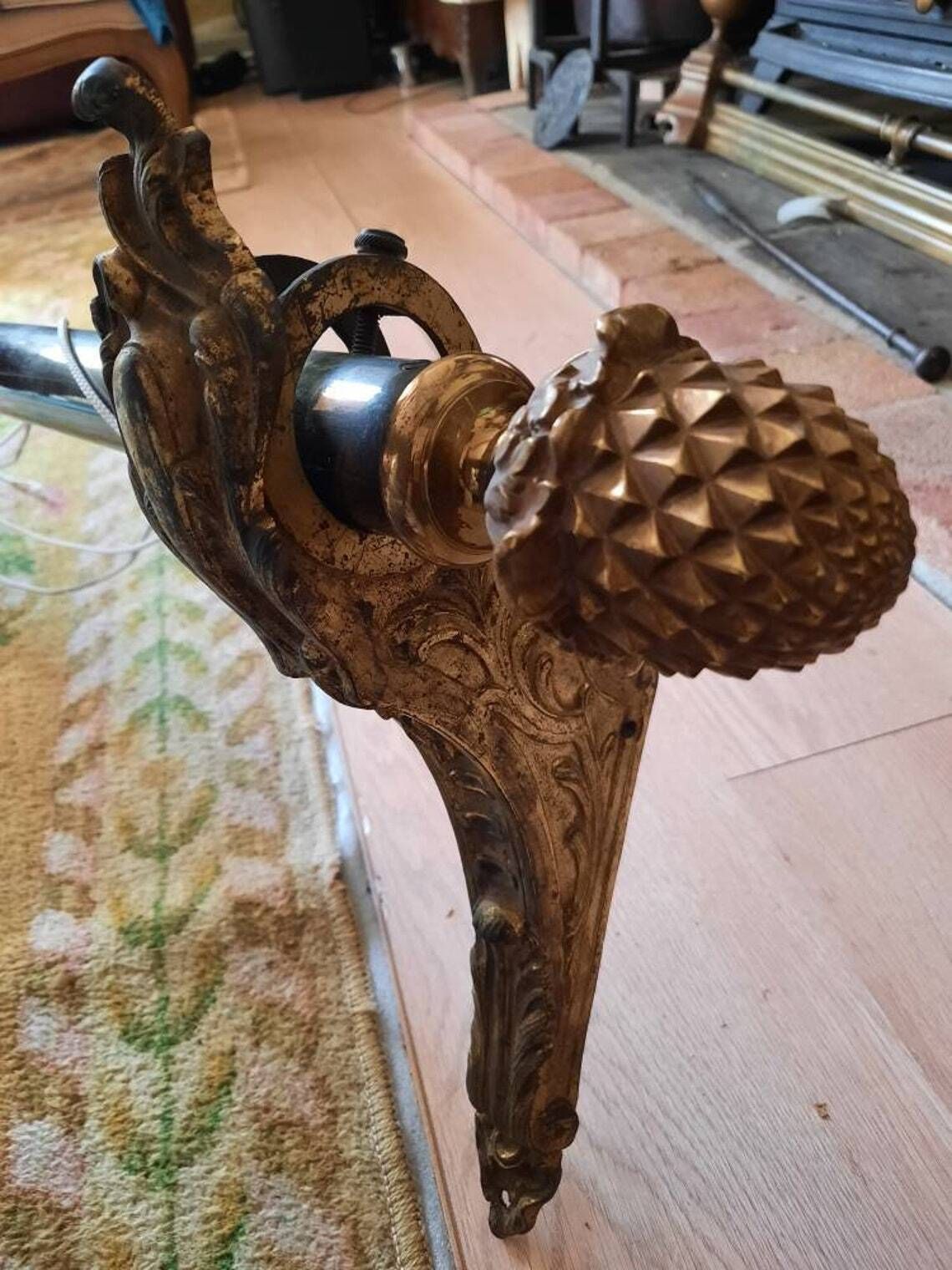 Antique Brass Curtain Pole With Finials & Rings: French Chateau Hardware photo for sale