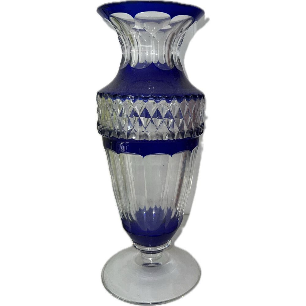 Val St. Lambert: Vase Model ‘Gary’ In Cobalt Blue And White Doubled Cut Crystal 1960’s