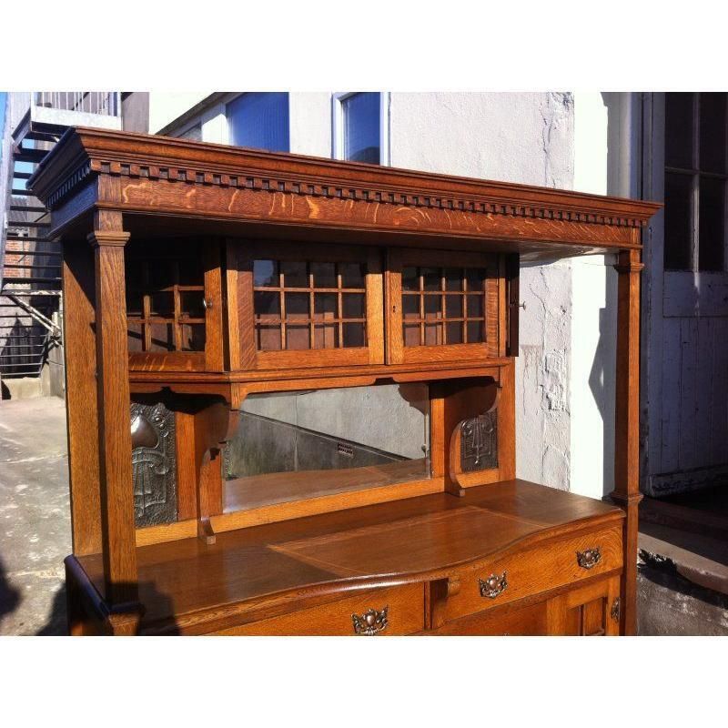 Liberty & Co Attr Arts & Crafts Oak Sideboard With Stylized Copper Floral Panels photo for sale