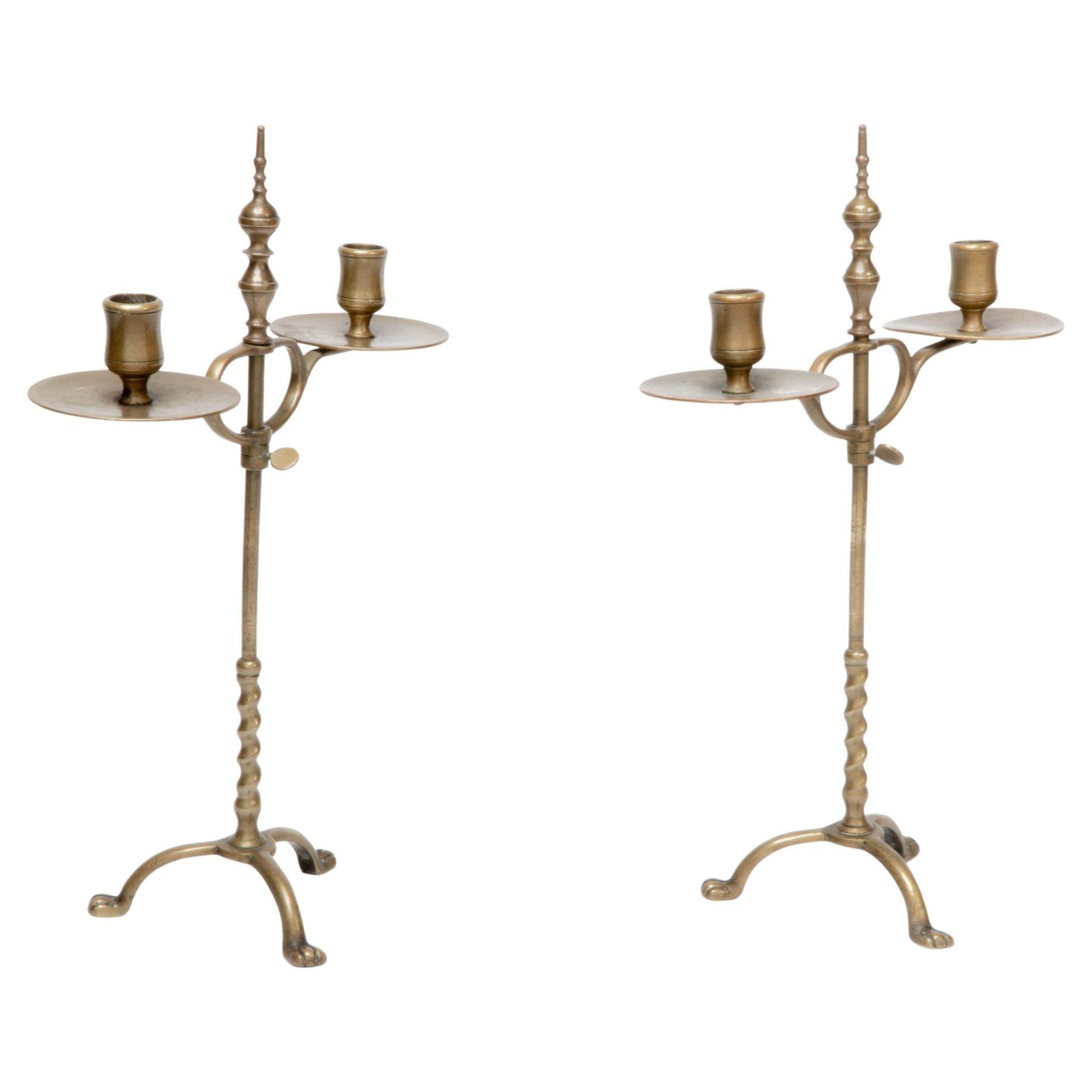 A Pair Of Arts And Crafts Brass Twin Branch Candelabras With Adjustable Height