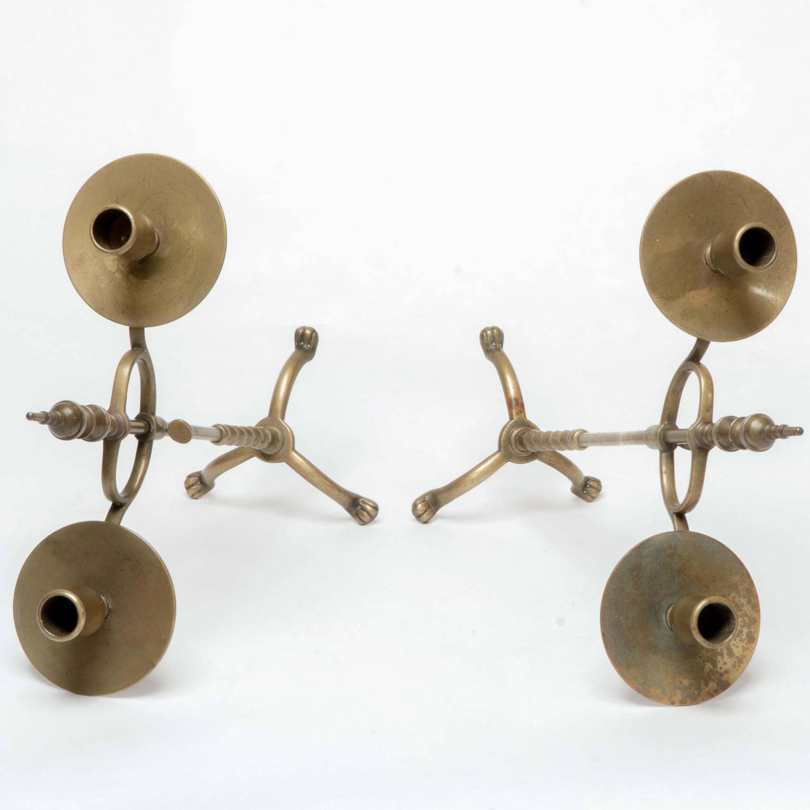 A Pair Of Arts And Crafts Brass Twin Branch Candelabras With Adjustable Height photo buy