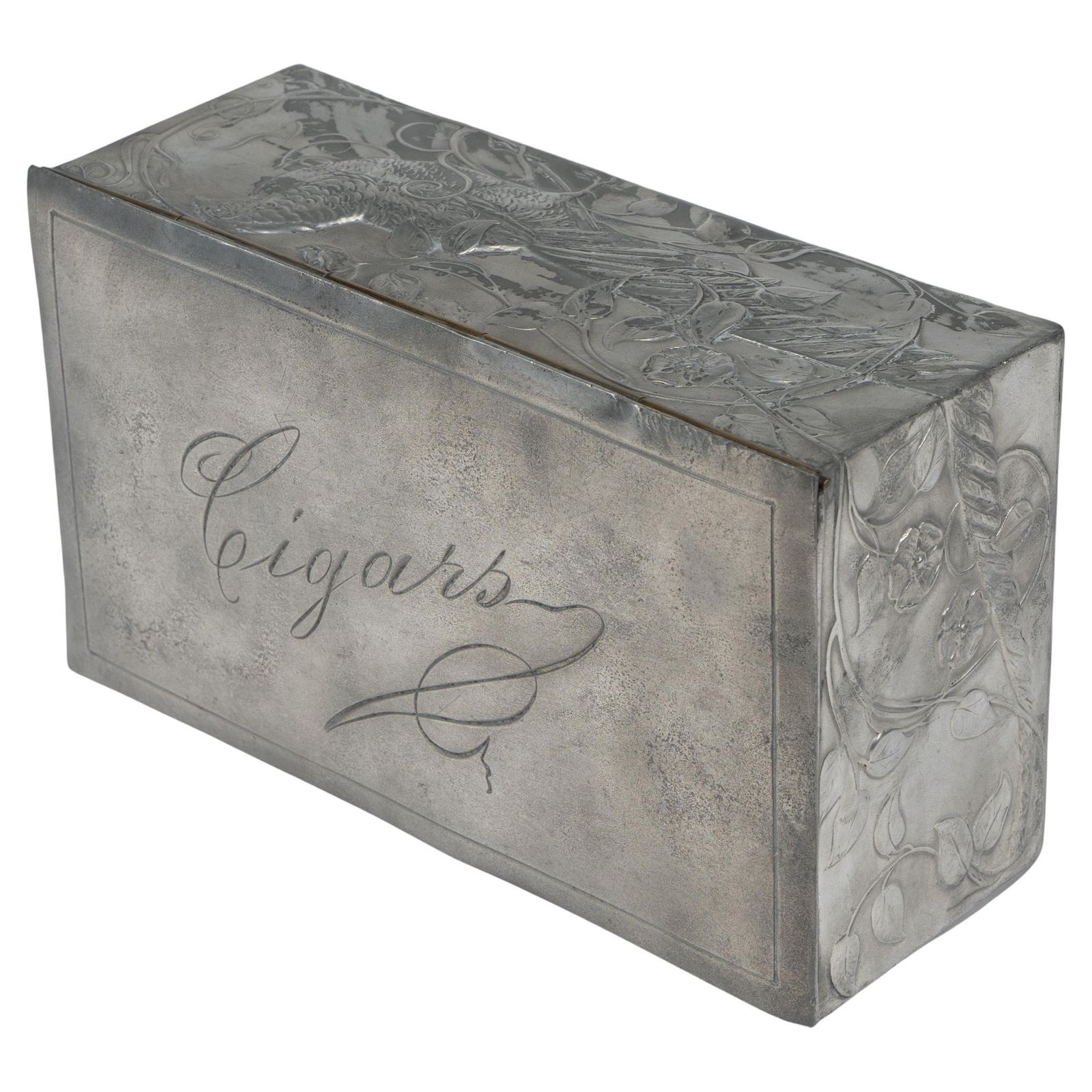 An Art Nouveau Continental Pewter Cigar Box W. Cedar Lining & Decor Of Pheasant