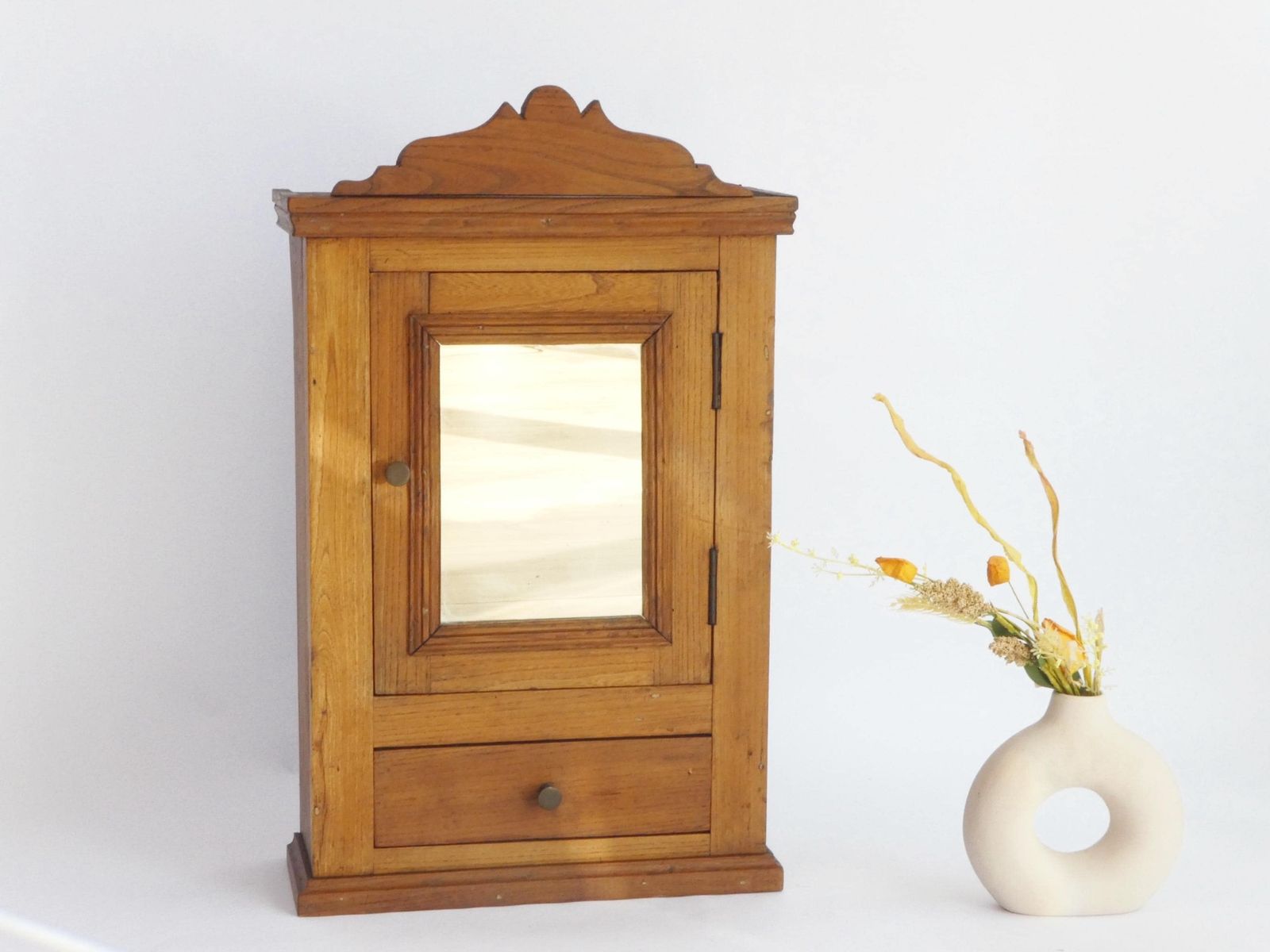 Antique Art Deco Wooden Cabinet With Mirror, Apothecary With Mirror And Shelf, Wall Farmhouse Decor