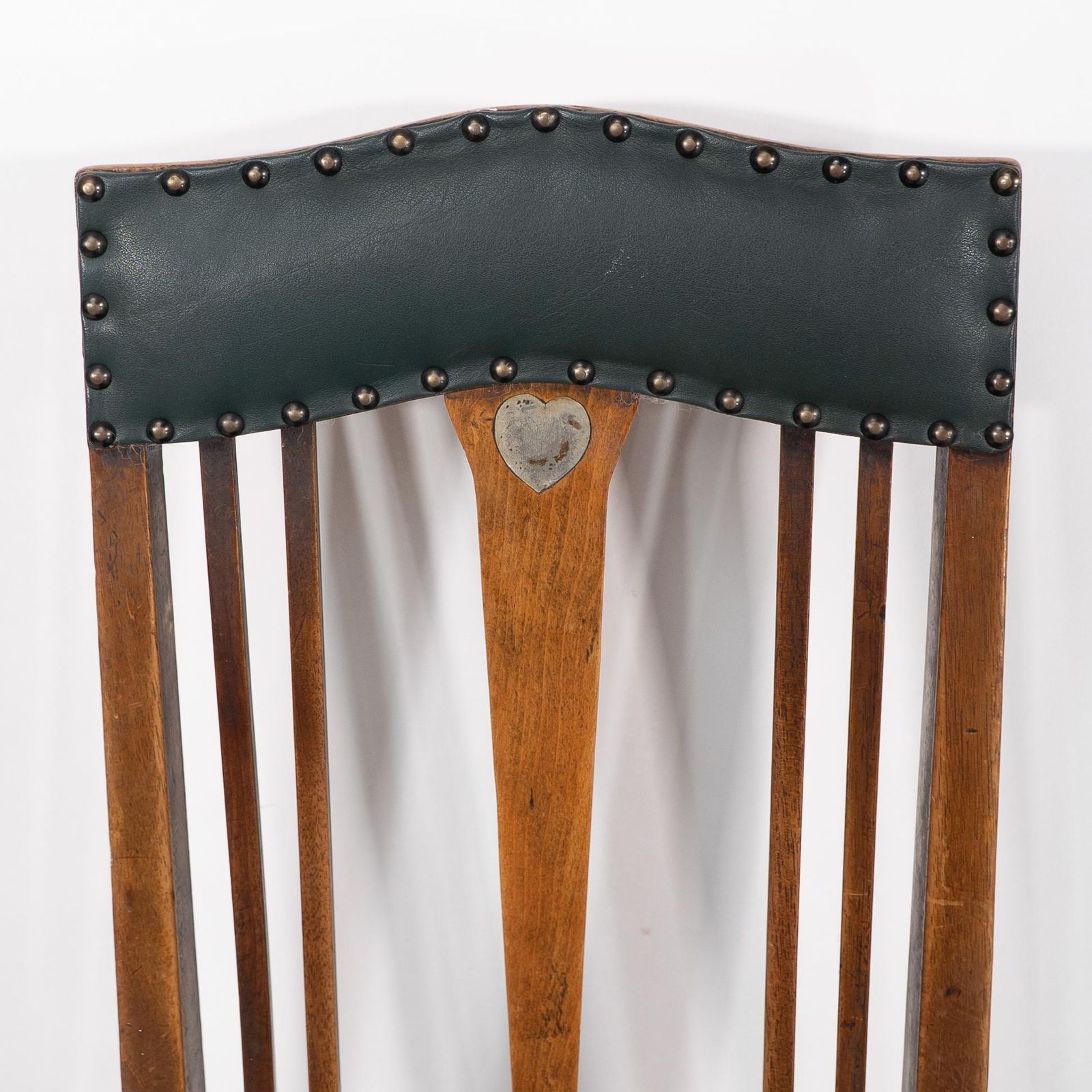 photo for sale Liberty & Co. Attr. Set Of 3 Dining Chairs With Voysey Style Inlaid Pewter Heart
