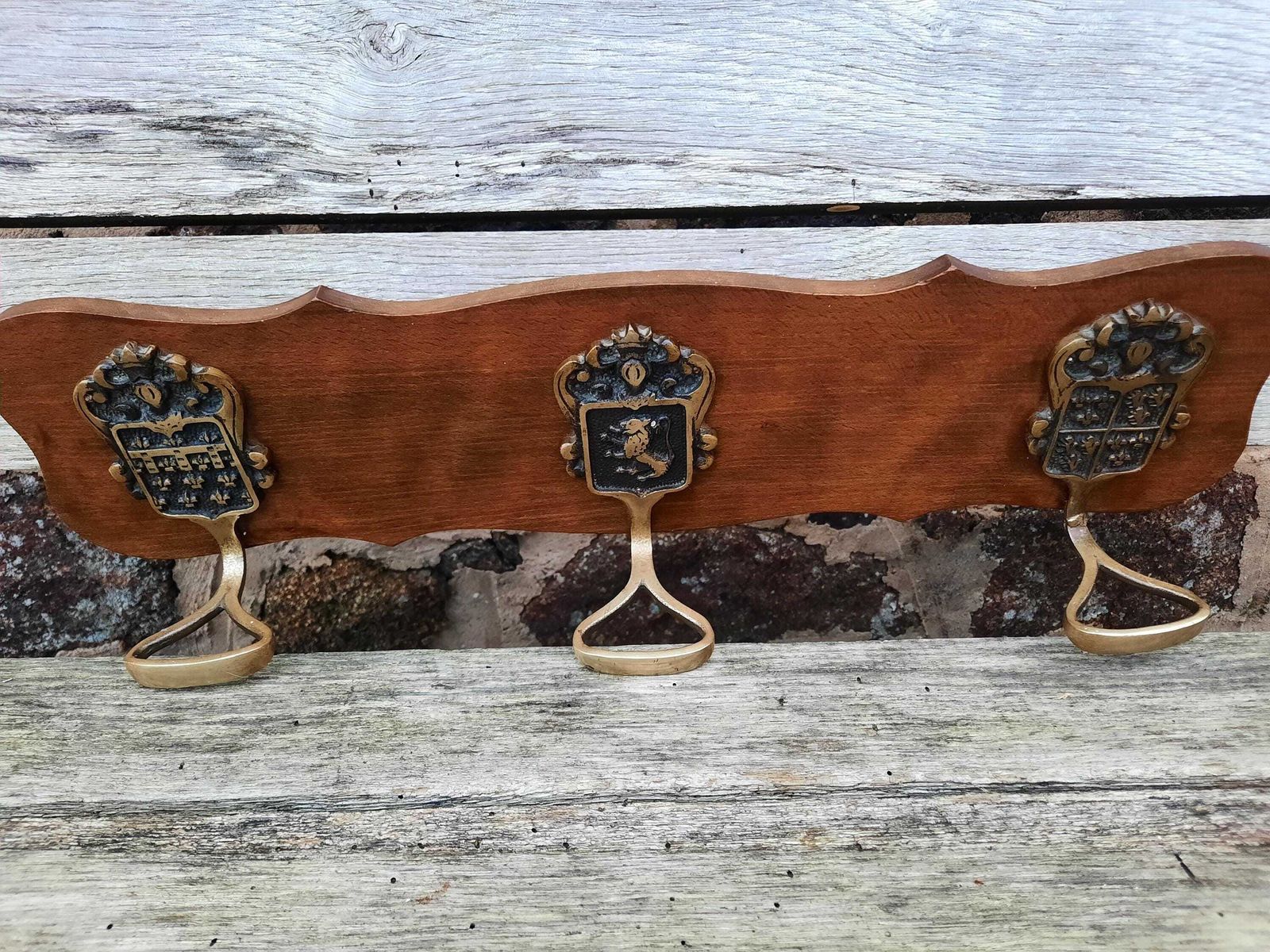 Vintage French Chateau Coat Hook Hanger: Armorial Brass & Wood photo vinterior