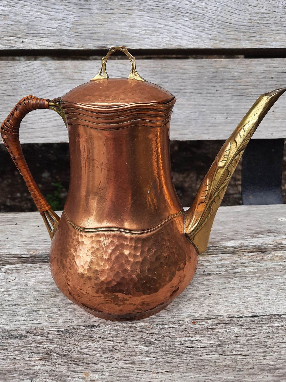 Art Nouveau Copper Coffee Pot: French Tripod Kettle, Cane Handle