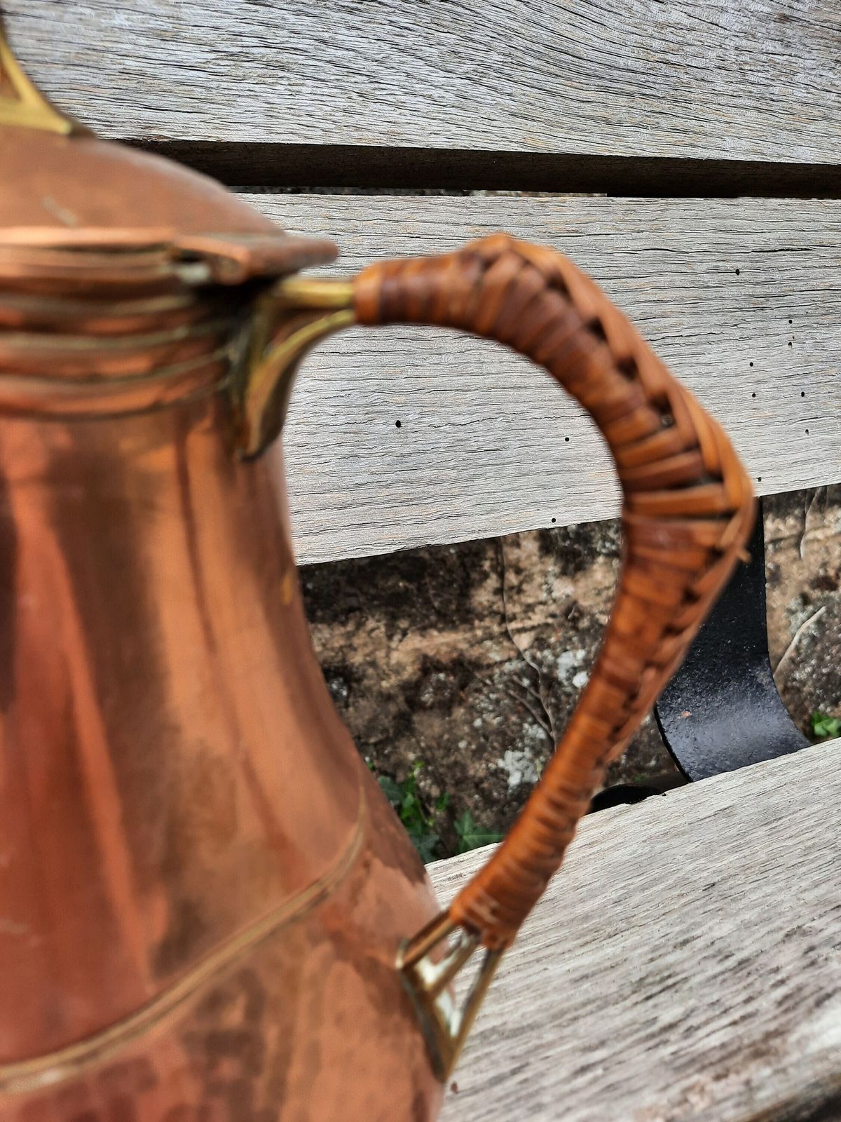 Art Nouveau Copper Coffee Pot: French Tripod Kettle, Cane Handle photo for sale