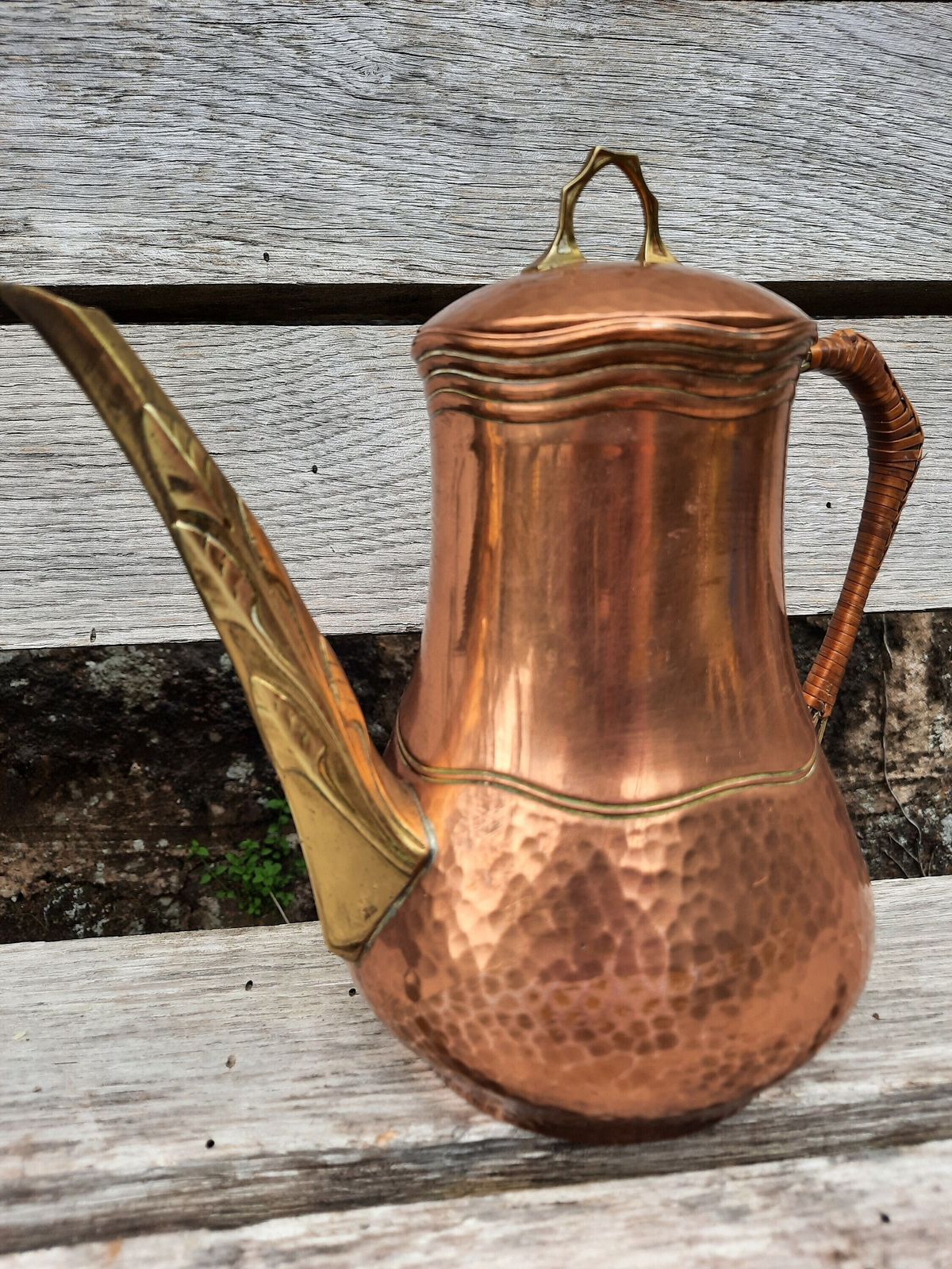 Art Nouveau Copper Coffee Pot: French Tripod Kettle, Cane Handle photo vinterior