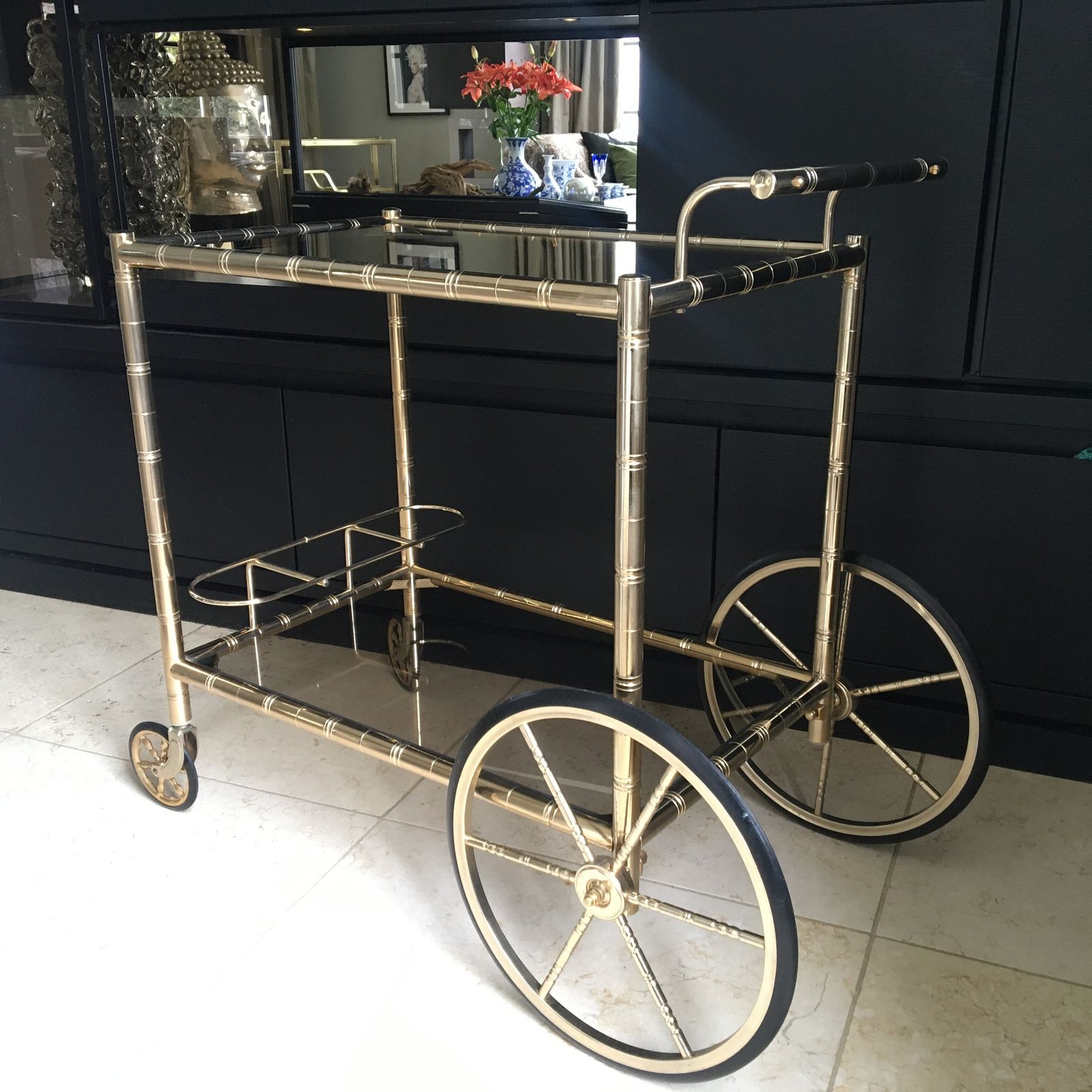 Italiaanse Messing Barkar | Orsenigo Vintage Bamboe & Glas Drankentrolley photo Meubels