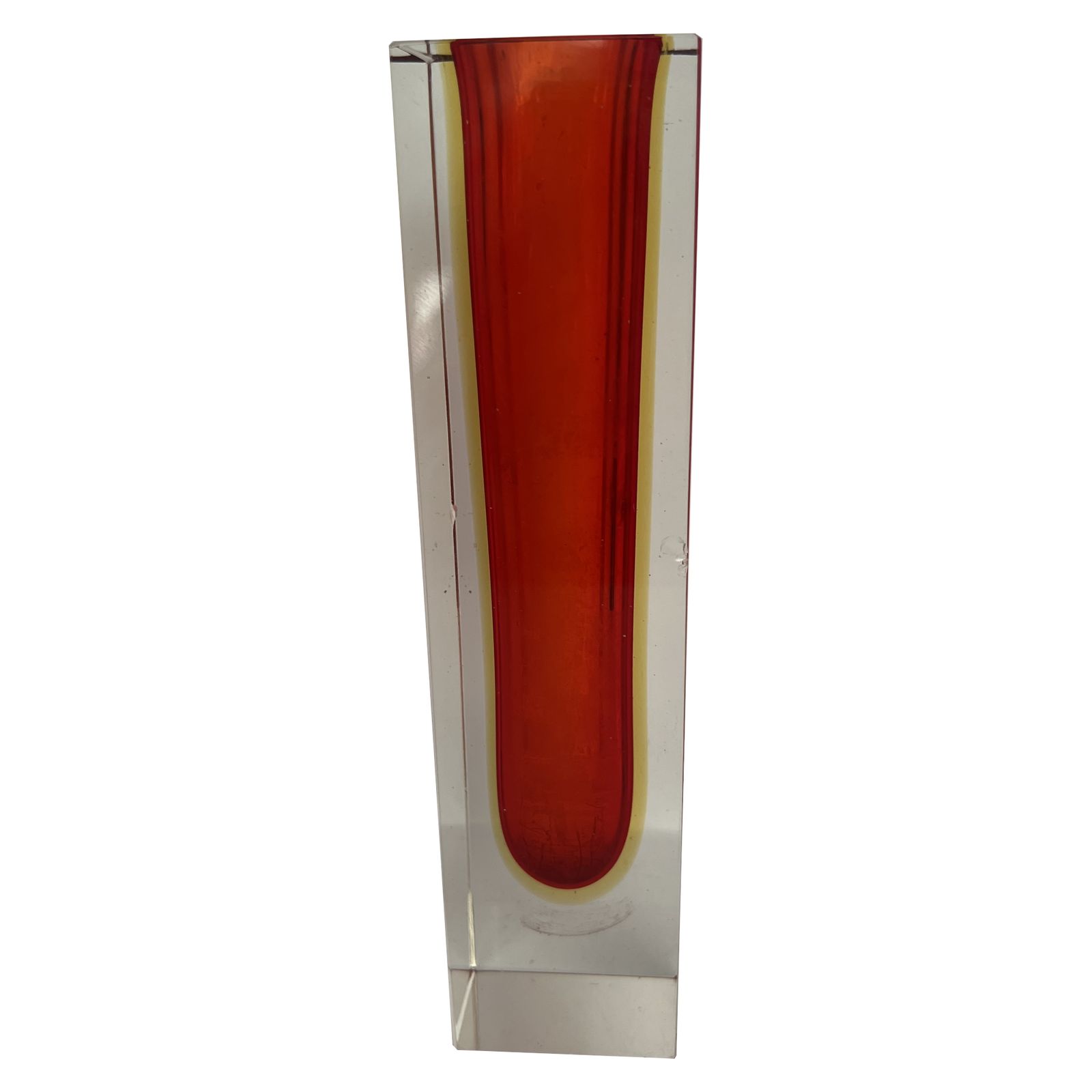 Murano Sommerso Red, Amber And Clear Faceted Glass Block Vase