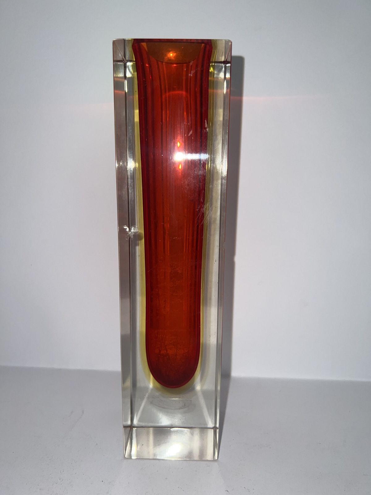 Murano Sommerso Red, Amber And Clear Faceted Glass Block Vase photo vinterior