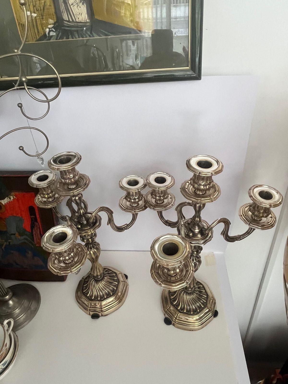 Pair Of Antique French Christofle Four Arm Silver Plated Candelabras – Louis XV Style, 1950’s 70’s photo Home Decor