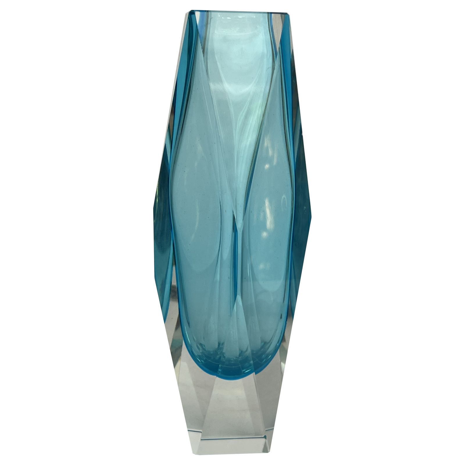 Vintage Murano Sommerso Aquamarine And Clear Faceted Glass Block Vase