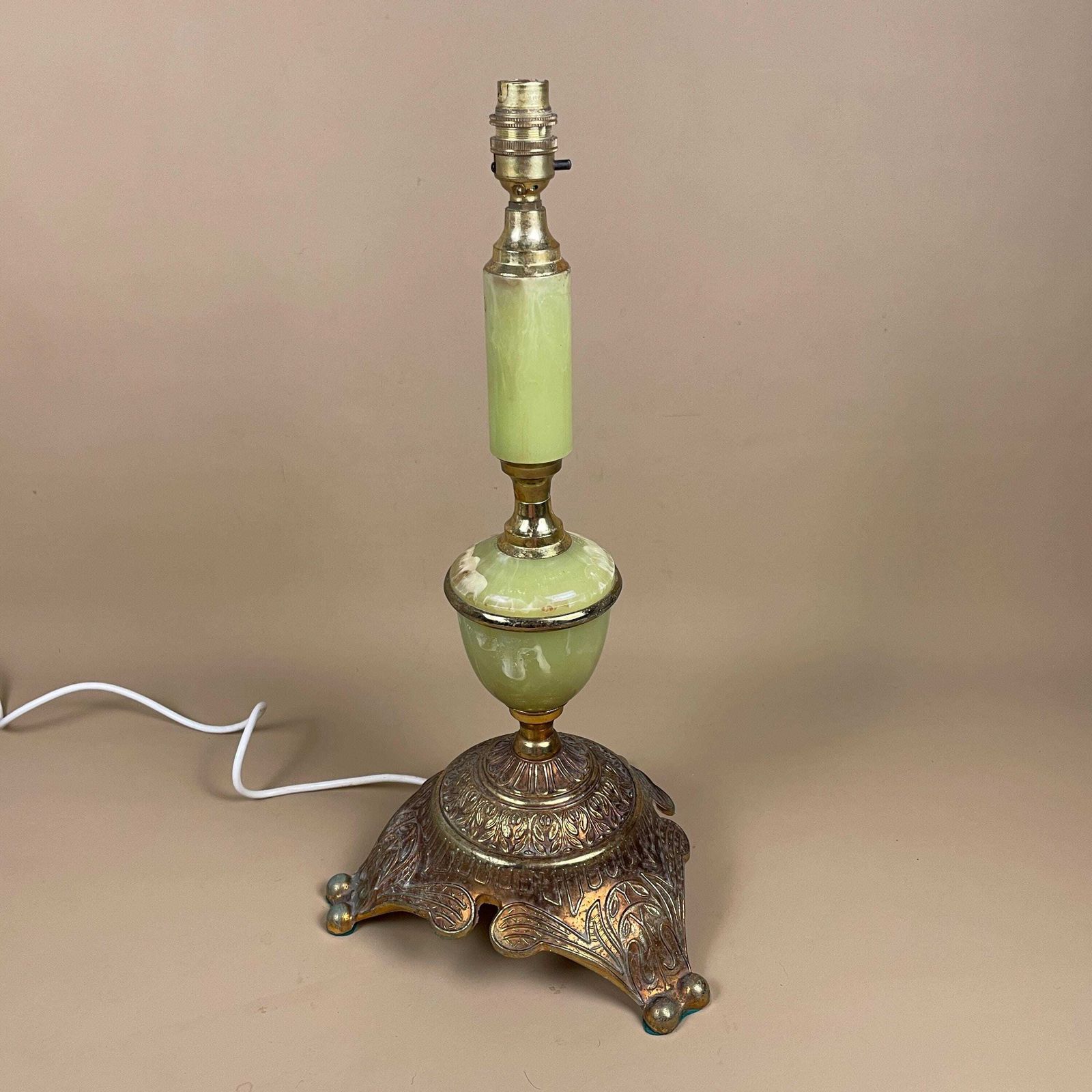 Antique Onyx Marble Lamp Light Brass Gold Metal Green Bedside Side Table Column Marbled Patterned Vintage Pattern Stone Ornate Feet Base photo furniture