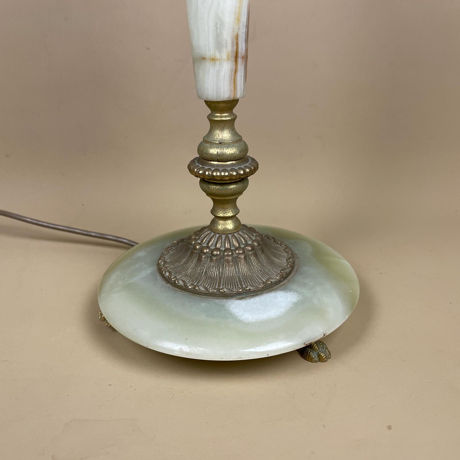 Antique Onyx Marble Lamp Light Brass Gold Metal Green Bedside Side Table Column Marbled Patterned Vintage Pattern Stone Ornate Round Base photo furniture