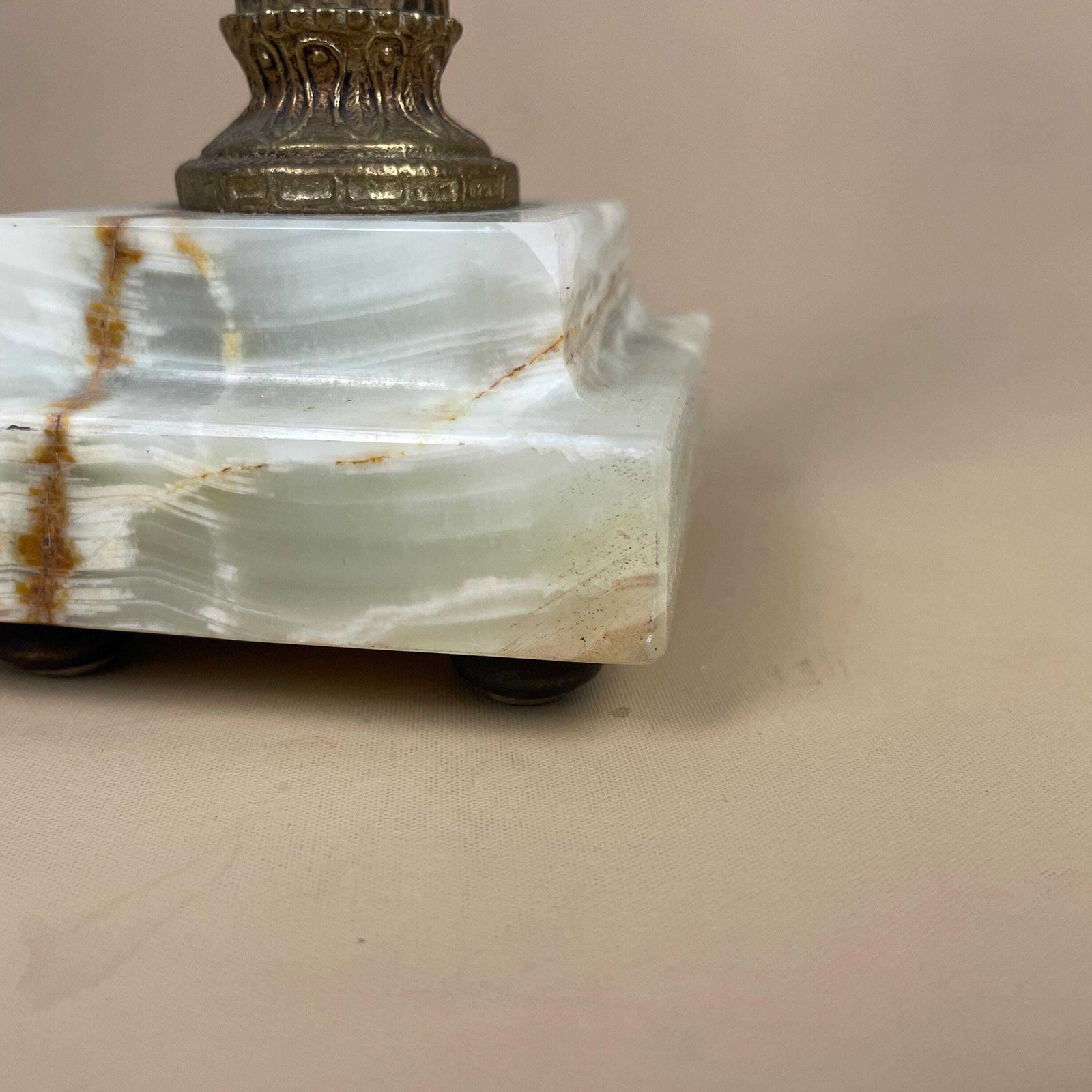 photo for sale Antique Onyx Marble Lamp Light Brass Gold Metal Green Bedside Side Table Column Marbled Patterned Vintage Pattern Stone Ornate Square Base