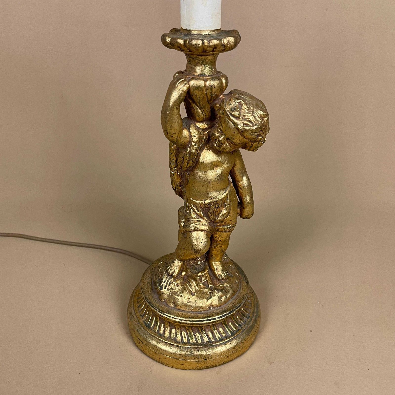 Antique Wood Gold Wooden Lamp Light Bedside Side Table Desk Column Ornate Detail Round Base Cherub Baby Vintage Pattern Patterned Candle Top photo furniture
