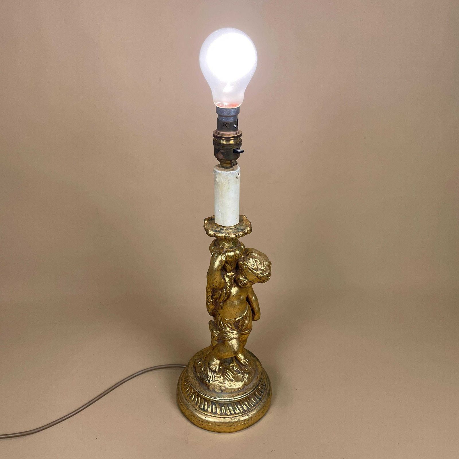 photo furniture Antique Wood Gold Wooden Lamp Light Bedside Side Table Desk Column Ornate Detail Round Base Cherub Baby Vintage Pattern Patterned Candle Top