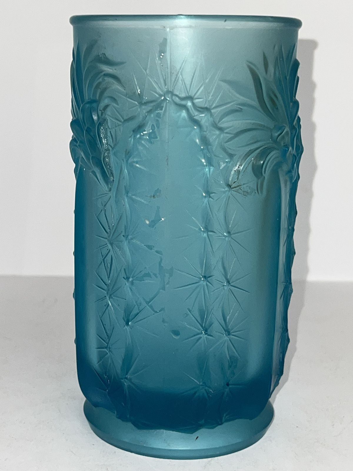 Josef Inwald “Barolac” Art Deco Frosted Vase — Ice Blue Pressed Glass, Czechoslovakia, C. 1930s photo for sale