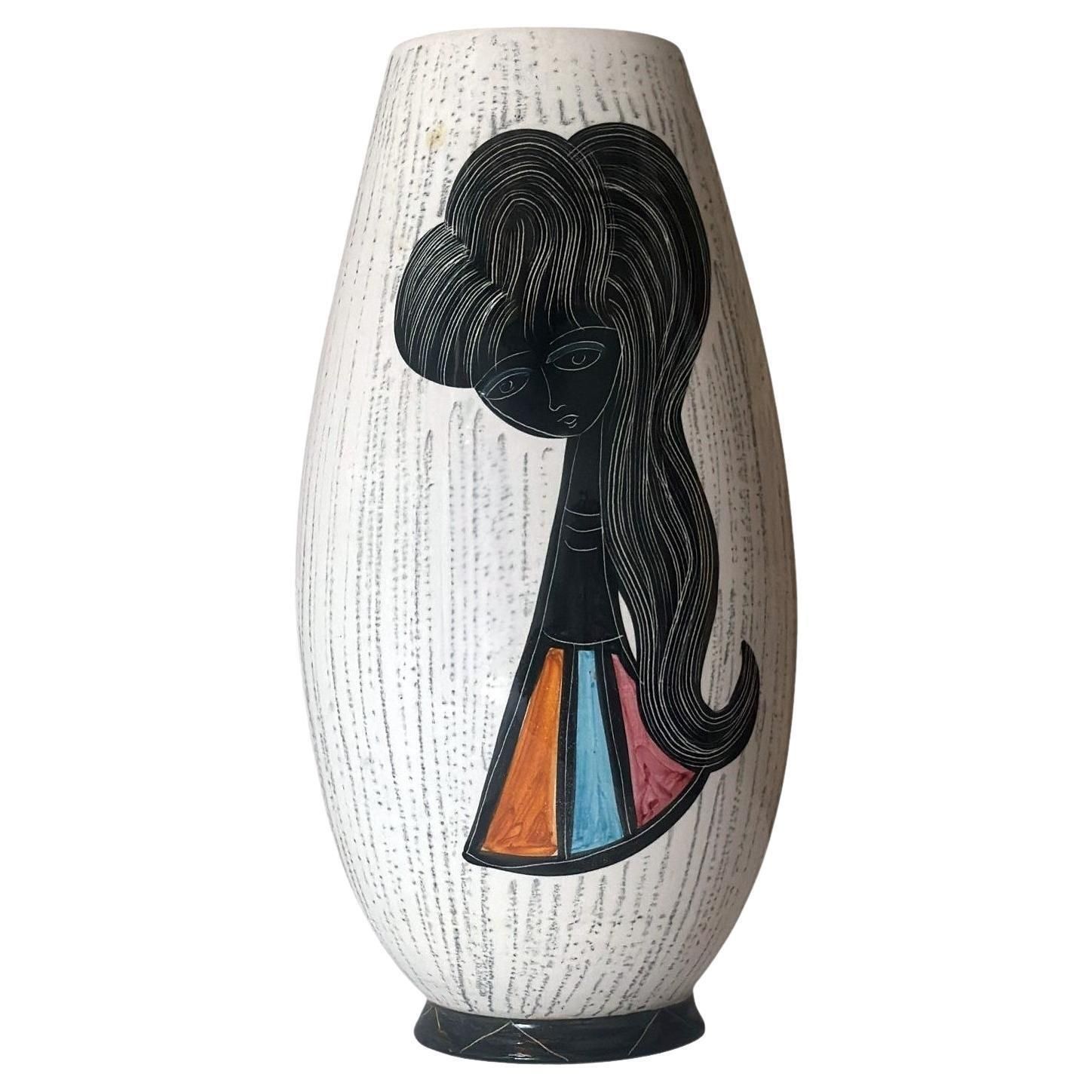 Mid Century Modern Ceramic Vase With Stylized Girl And Geometric Motifs