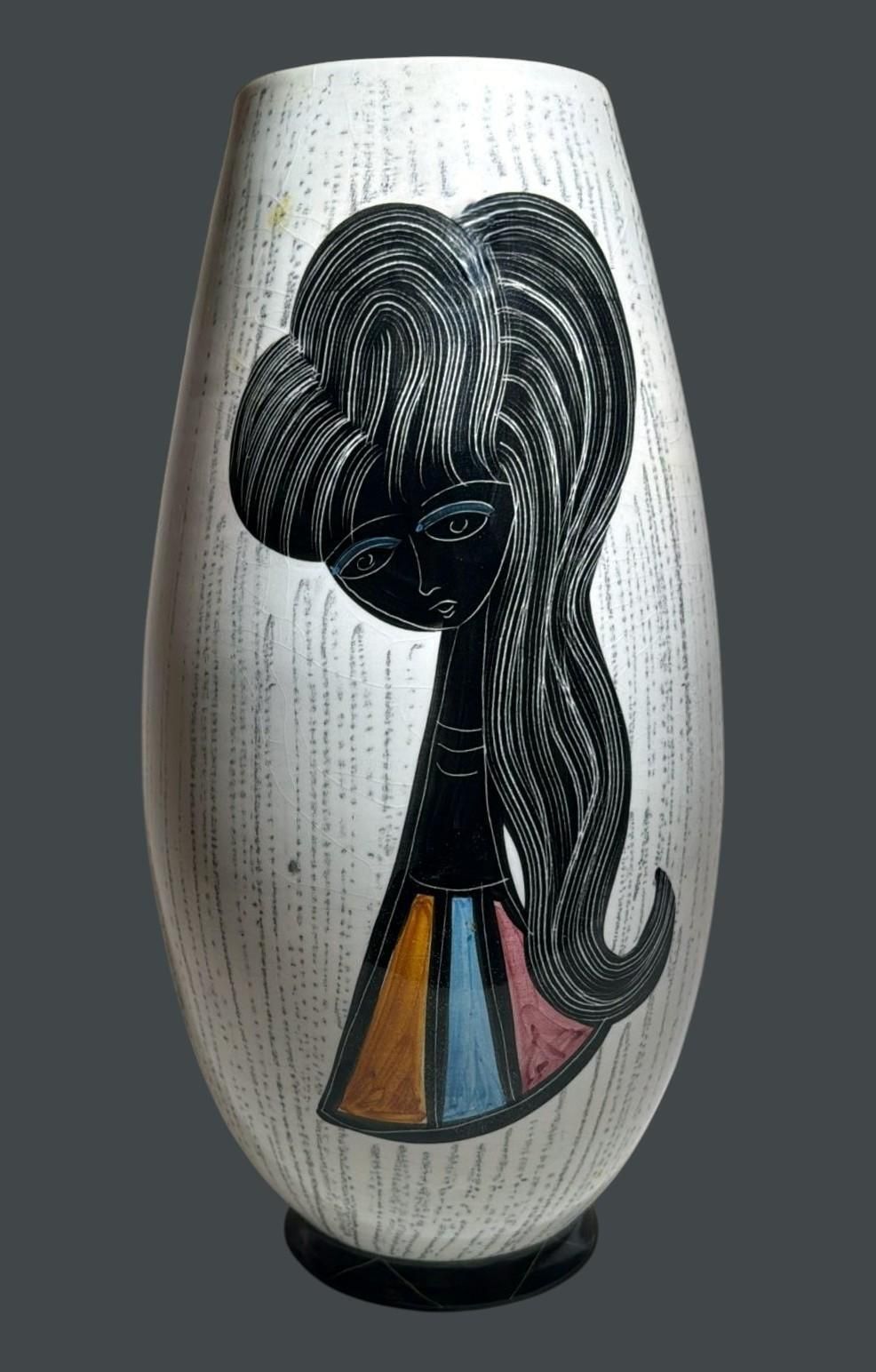 Mid Century Modern Ceramic Vase With Stylized Girl And Geometric Motifs photo furniture