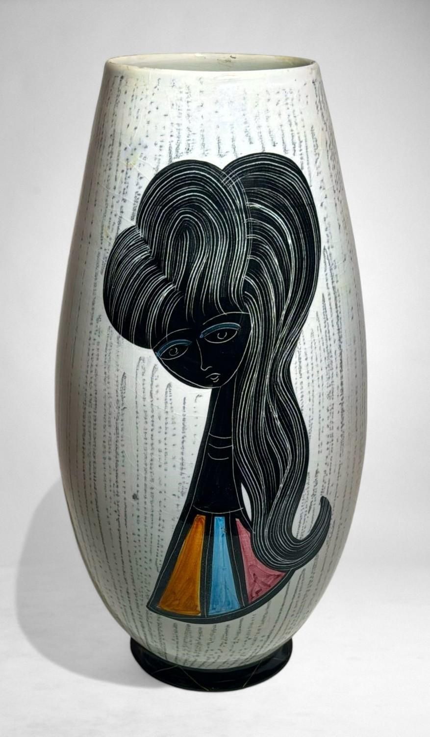Mid Century Modern Ceramic Vase With Stylized Girl And Geometric Motifs photo for sale
