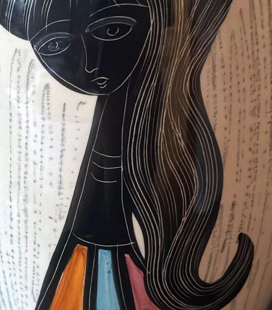 photo for sale Mid Century Modern Ceramic Vase With Stylized Girl And Geometric Motifs