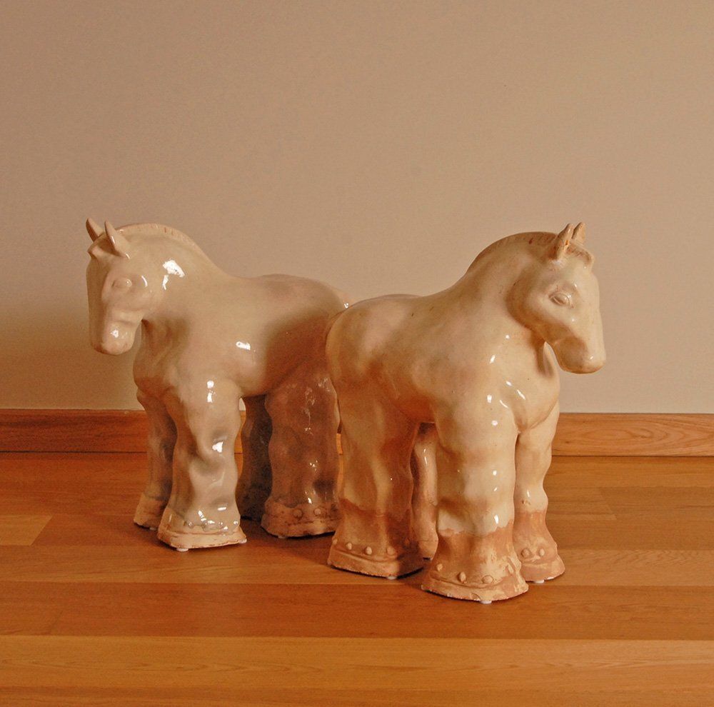 photo furniture Tall Vintage Ceramic Horse Sculptures In Glazed Terracotta, Set Of 2