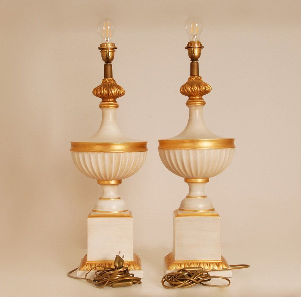 Vintage French Table Lamps In White And Gold Ceramic, 1970s, Set Of 2 photo buy
