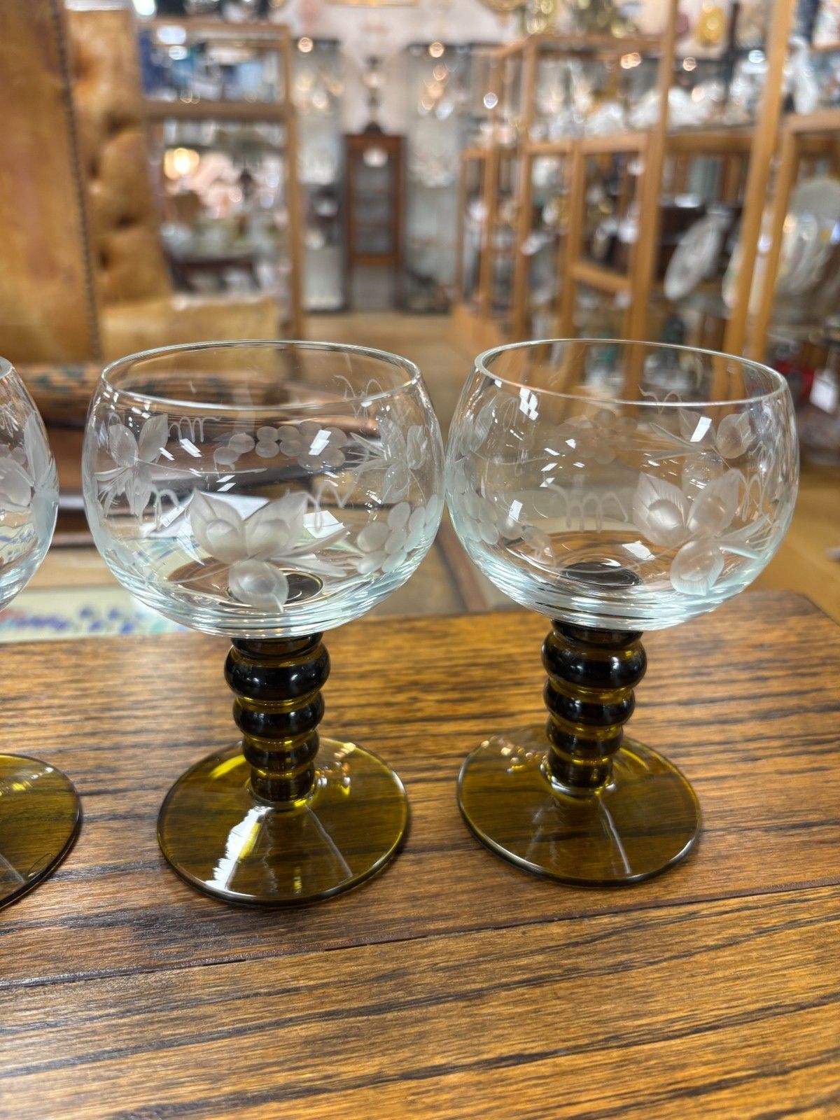 Set Of Six Vintage Olive Green & Etched Clear Glass Wine Glasses photo 50.0