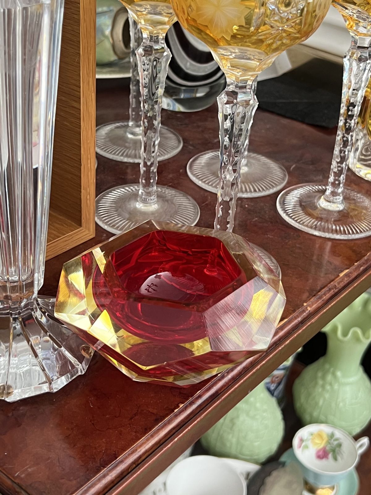 Murano Faceted Sommerso Glass Bowl – Red, Amber, And Clear Mid Century Modern photo Home Decor