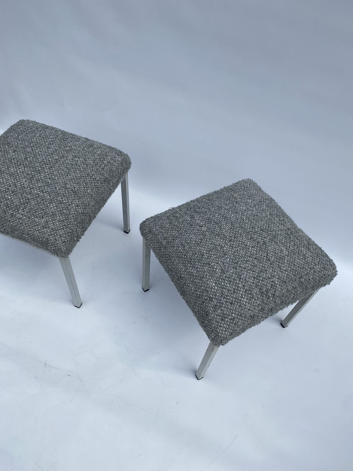 1960s Industrial Pair Iron Foot Stools Scandinavian Midcentury New Boucle Upholstery photo furniture