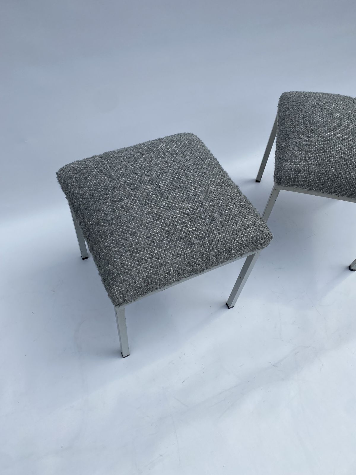 1960s Industrial Pair Iron Foot Stools Scandinavian Midcentury New Boucle Upholstery photo 580.0