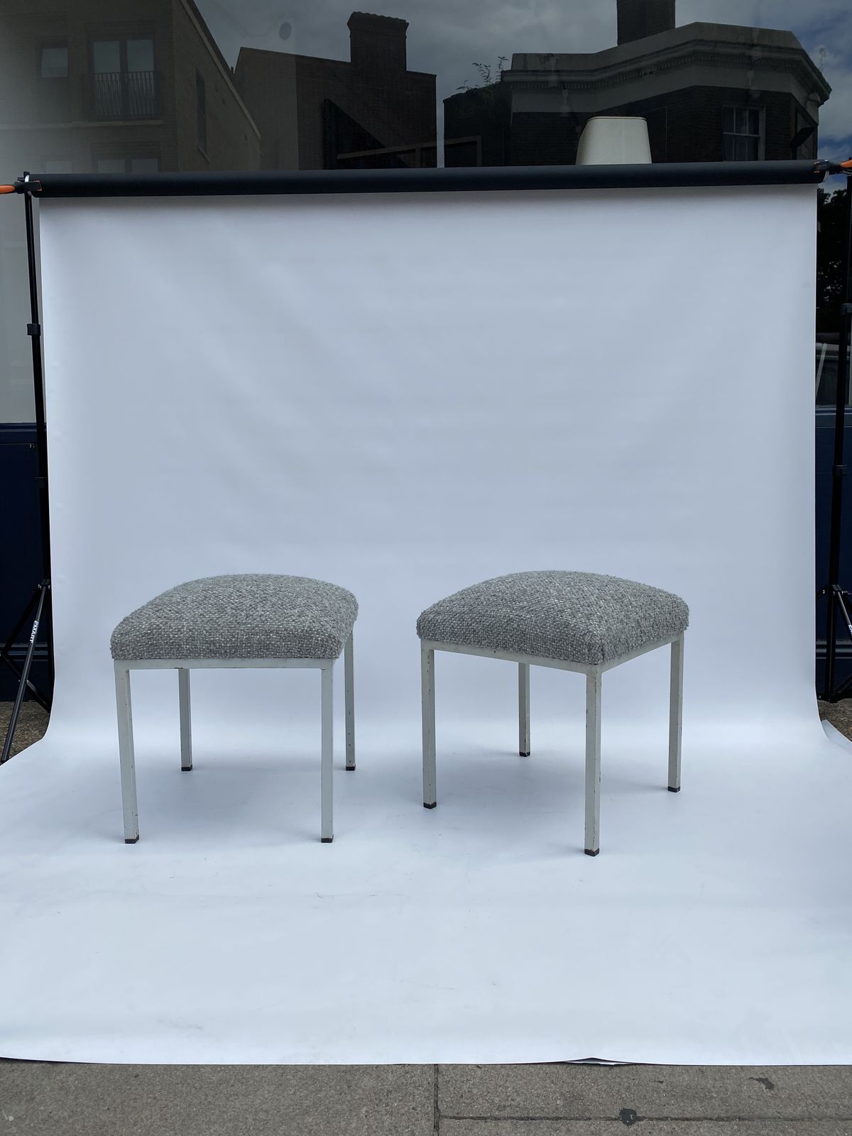 1960s Industrial Pair Iron Foot Stools Scandinavian Midcentury New Boucle Upholstery photo buy
