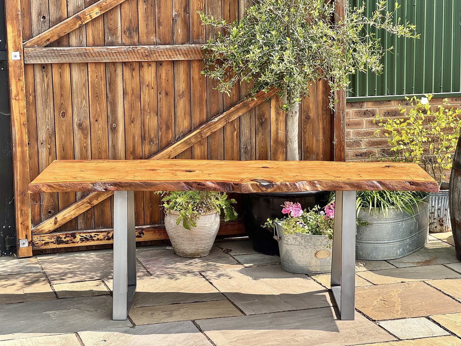 Handmade English Oak Live Edge Dining Table With Brushed Steel Legs photo furniture