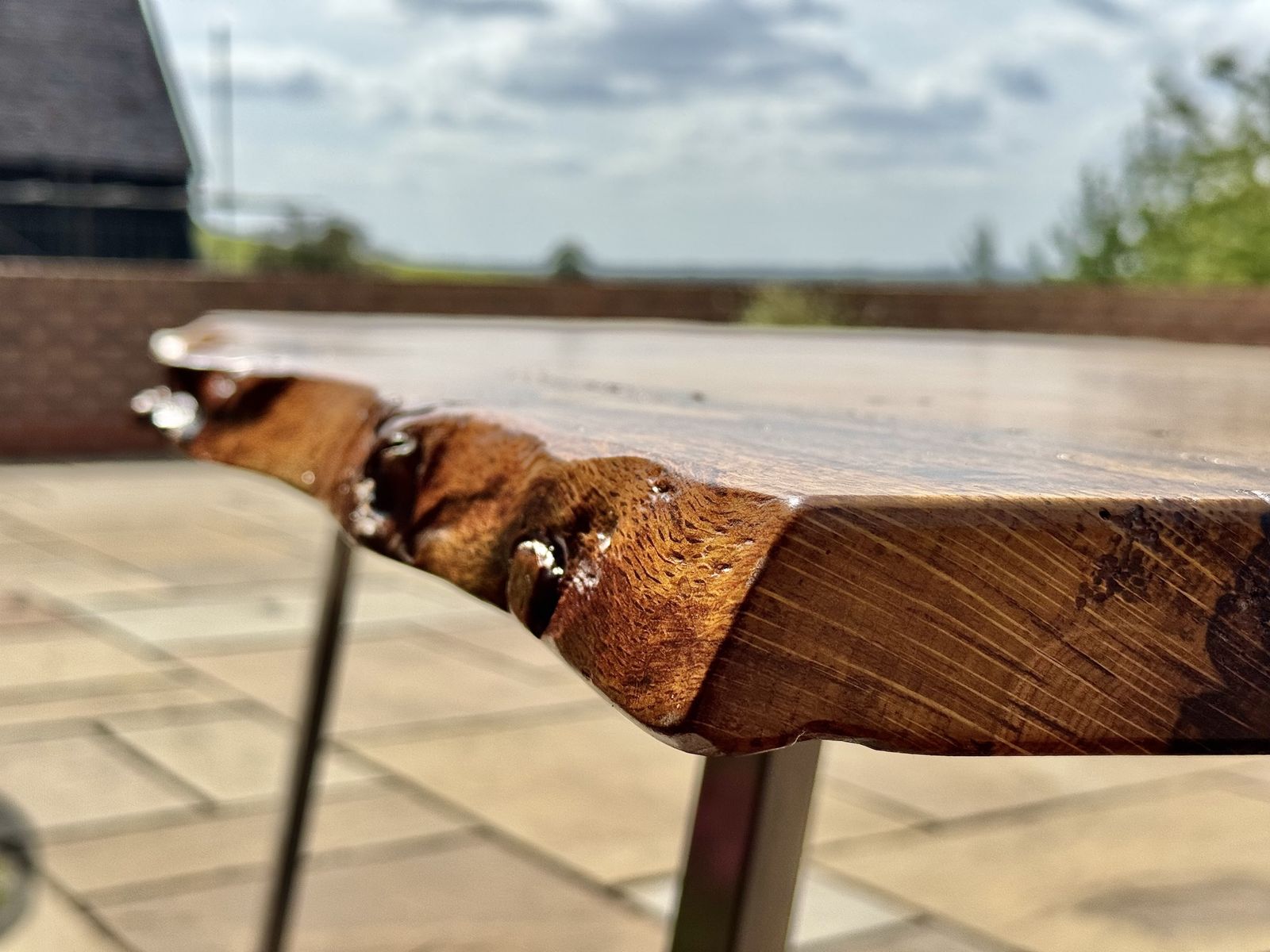 Handmade English Oak Live Edge Dining Table With Brushed Steel Legs photo for sale