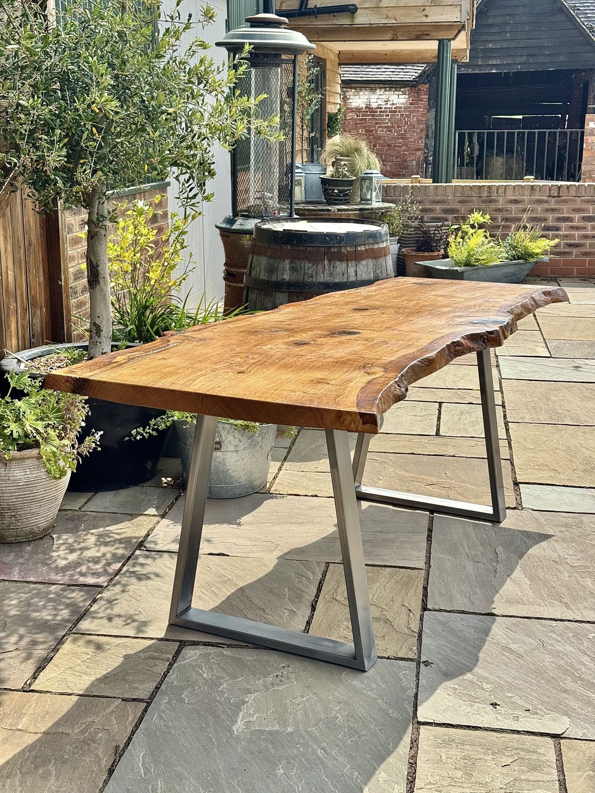 Handmade English Oak Live Edge Dining Table With Brushed Steel Legs photo 1800.0