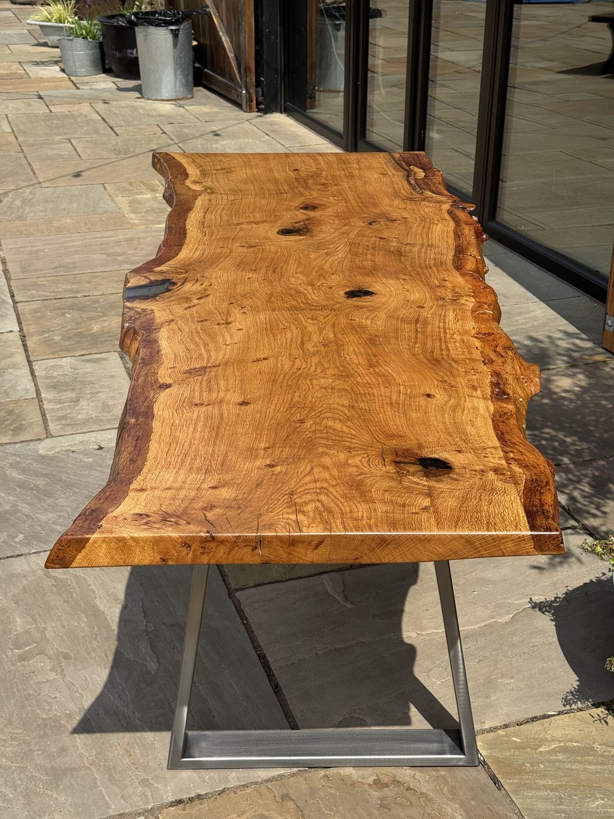 photo for sale Handmade English Oak Live Edge Dining Table With Brushed Steel Legs