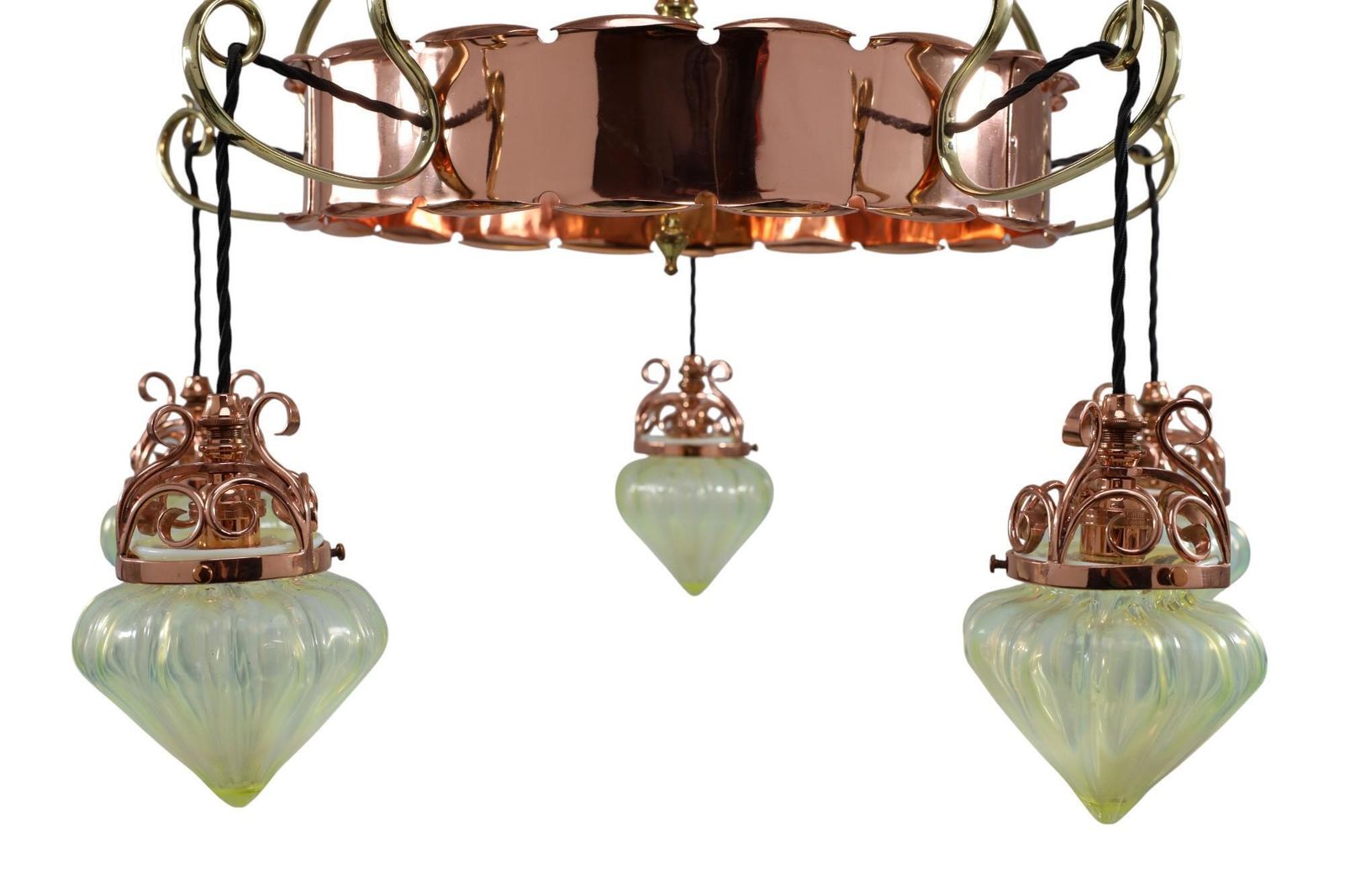 W. A. S. Benson. Arts & Crafts Copper & Brass Chandelier With 5 Vaseline Shades photo buy