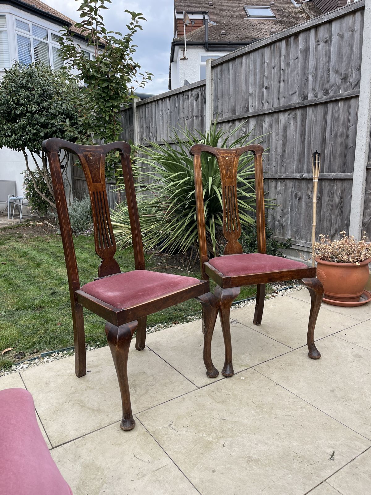 Elegant Pair Of 1920s Queen Anne Revival Chairs With Inlay & Cabriole Legs