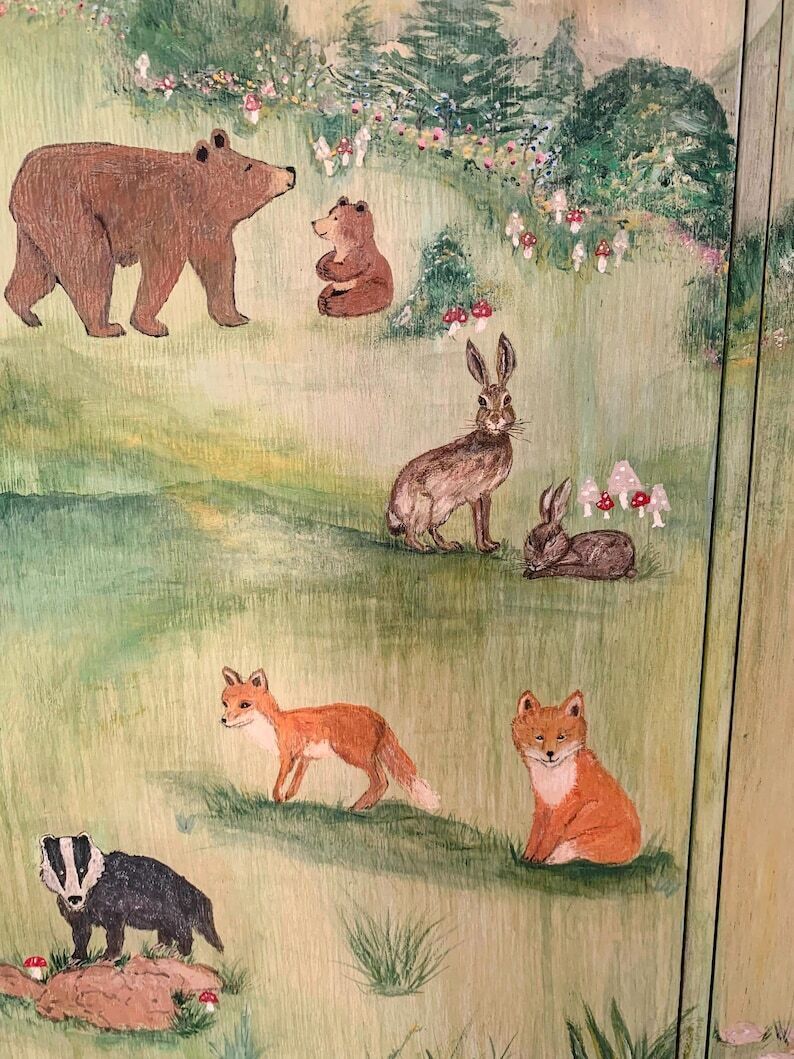 Handpainted Children's Nursery Woodland Animal Wildlife Tallboy Storage With Drawers photo for sale