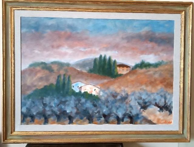 Large Oil On Canvas Marino Scardigli (1921 2005) Tuscan Landscape 124x94 Cm photo for sale