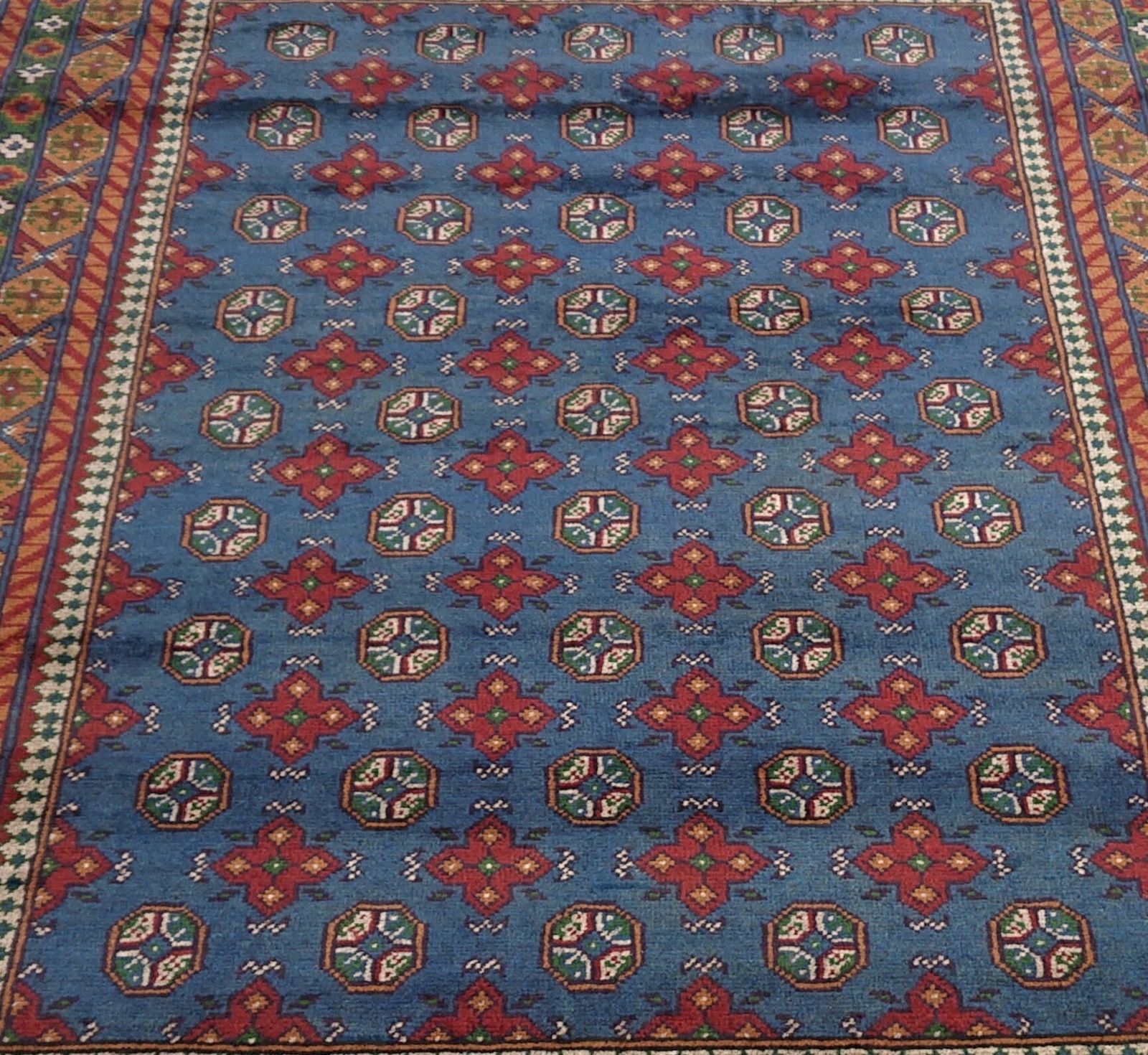 Blue Geometric Tribal Handmade Bokhara Area Rug photo for sale