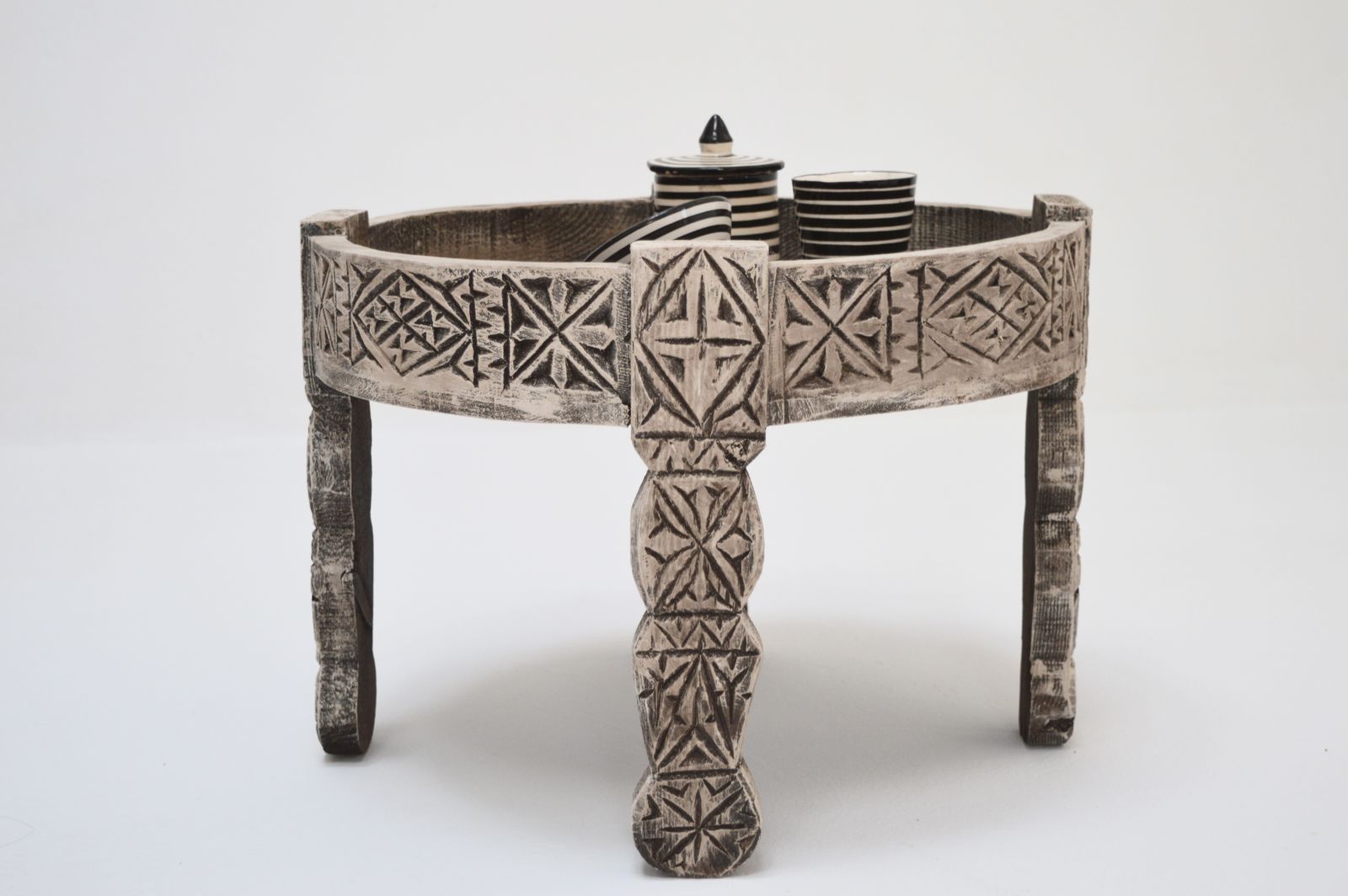 Vintage Moroccan Chakki Table Hand Carved Tall Wood White Washed photo for sale