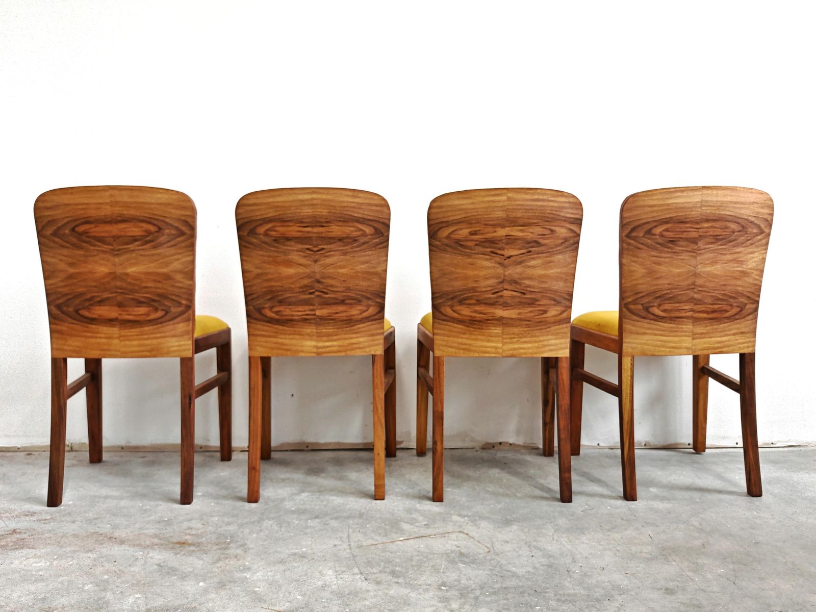 Set Of 4 Art Deco Chairs In Walnut Root Veneer, Upholstered In Old Gold Plush photo Furniture
