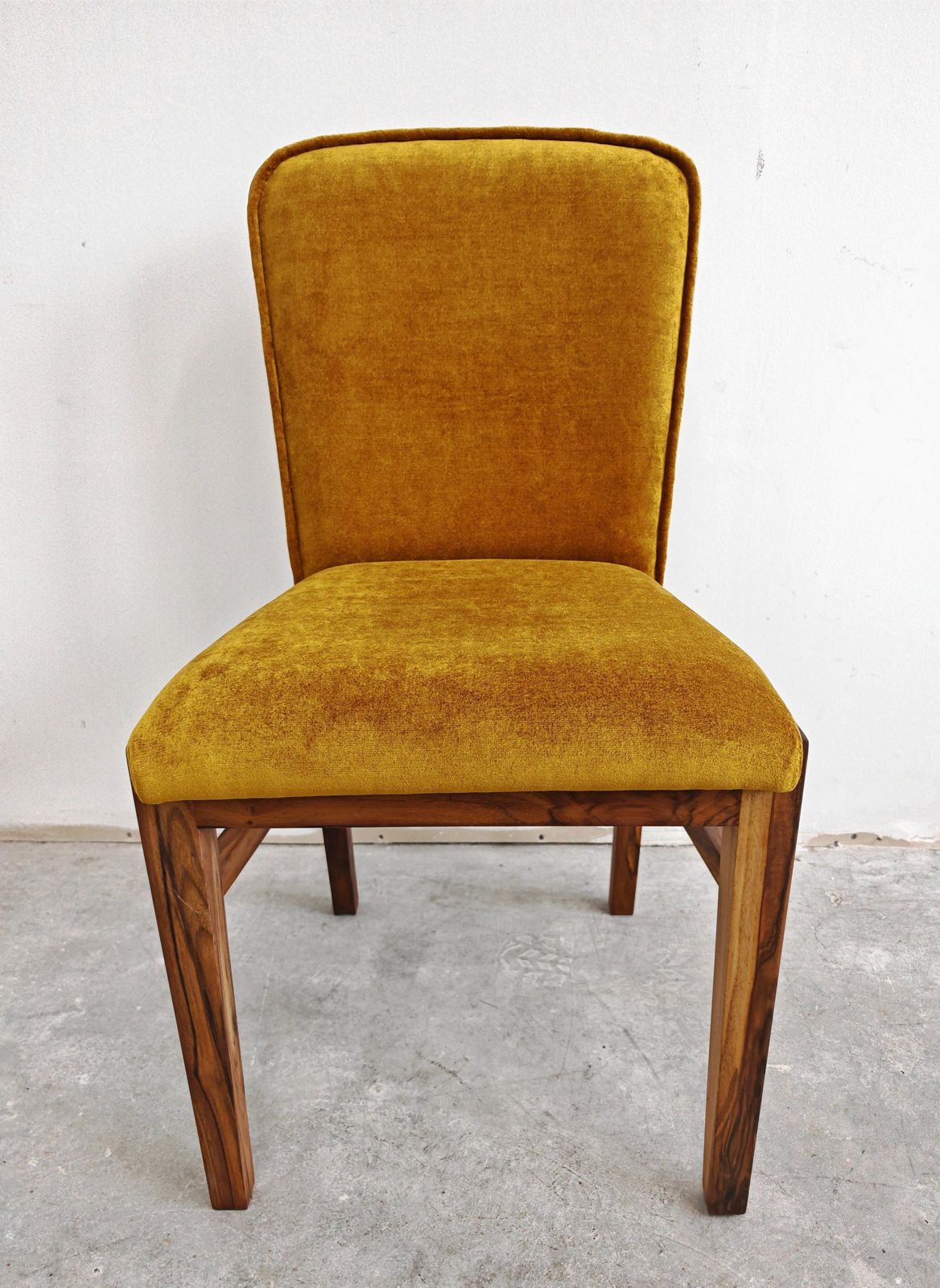 Set Of 4 Art Deco Chairs In Walnut Root Veneer, Upholstered In Old Gold Plush photo vinterior
