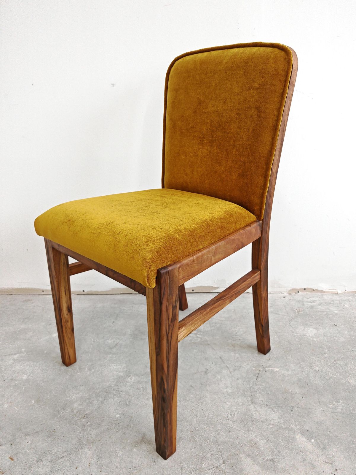 Set Of 4 Art Deco Chairs In Walnut Root Veneer, Upholstered In Old Gold Plush photo buy