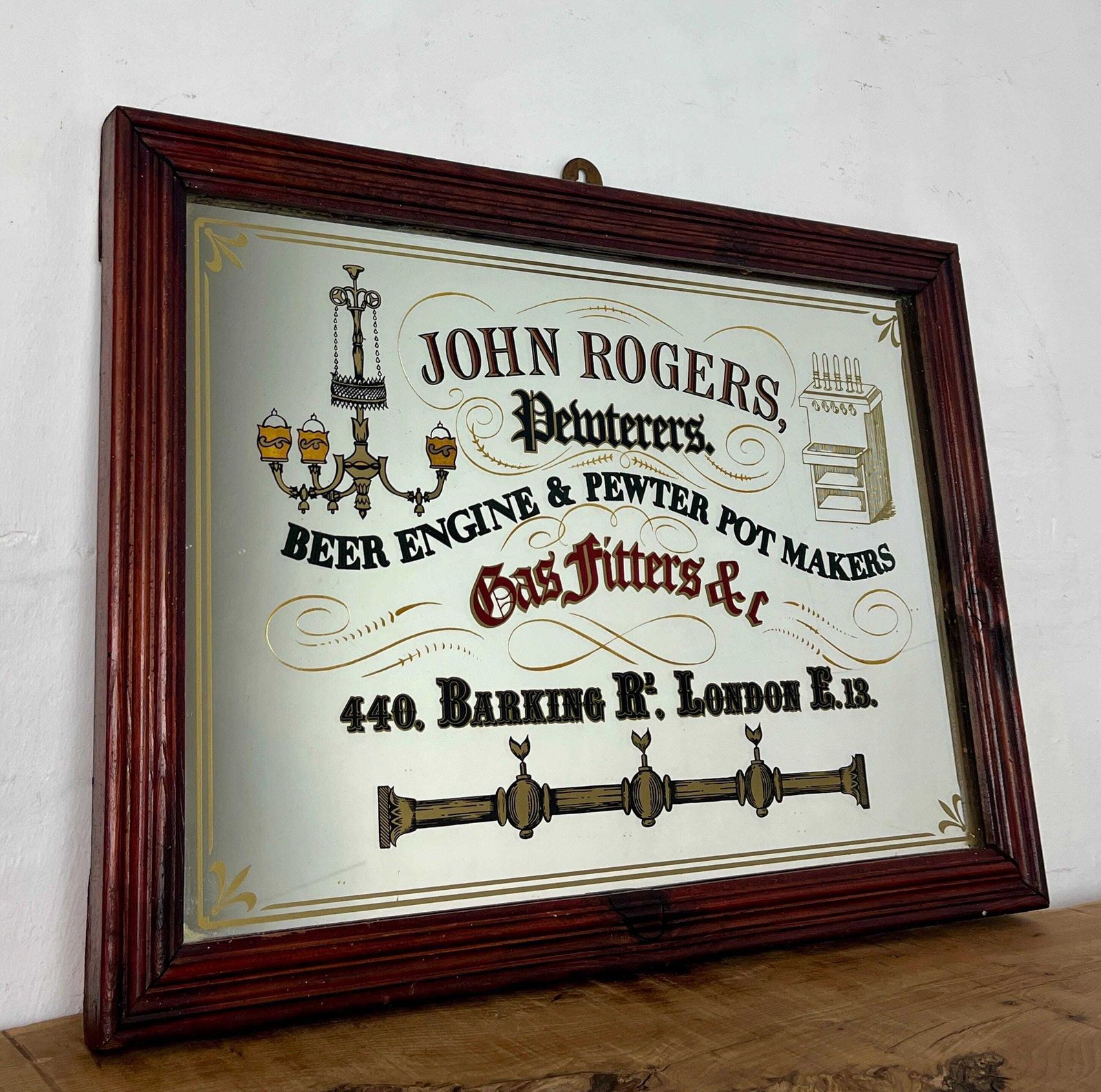 Vintage John Rogers, Pewterers Beer Engine & Pewter Pot Makers, Advertising Mirror, Victorian London